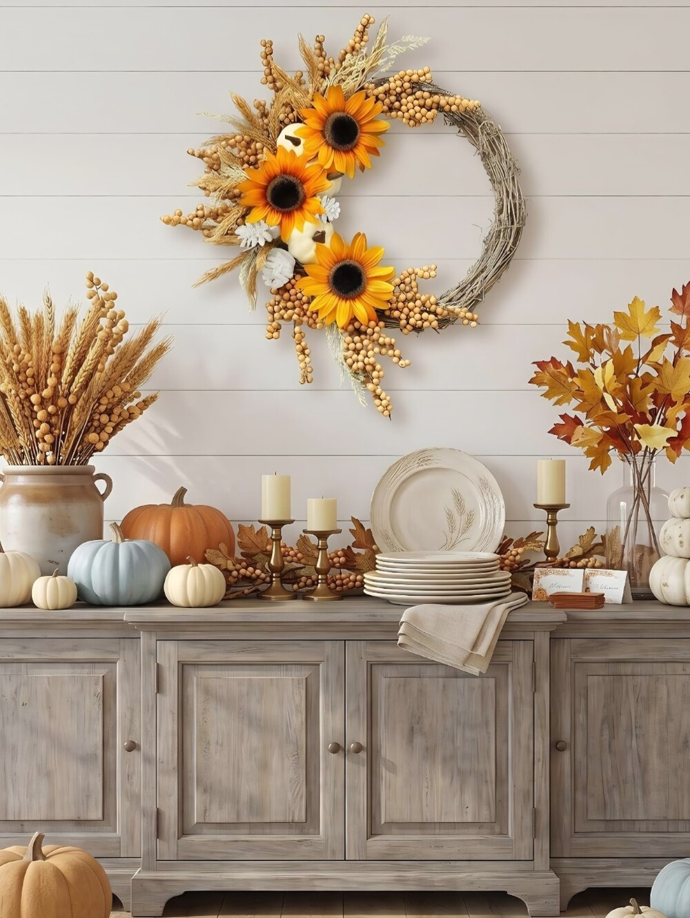 NIB 20" Sunflower White Pumpkin Fall Harvest Wreath Autumn Decor - Picture 5 of 7